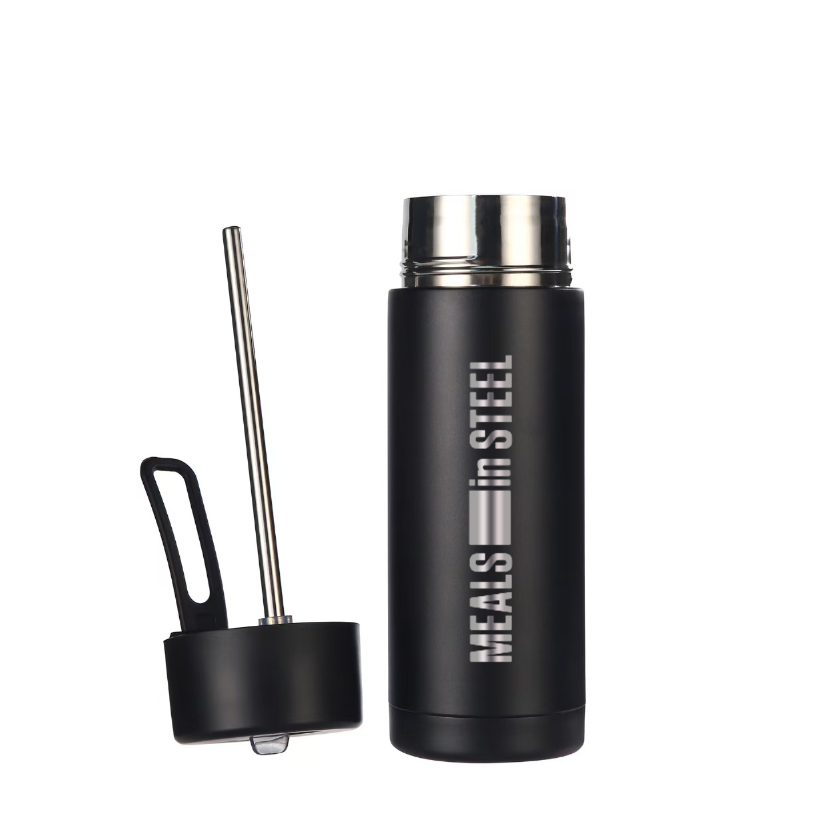 750ml insulated stainless steel water bottle with straw lid and carry handle in black