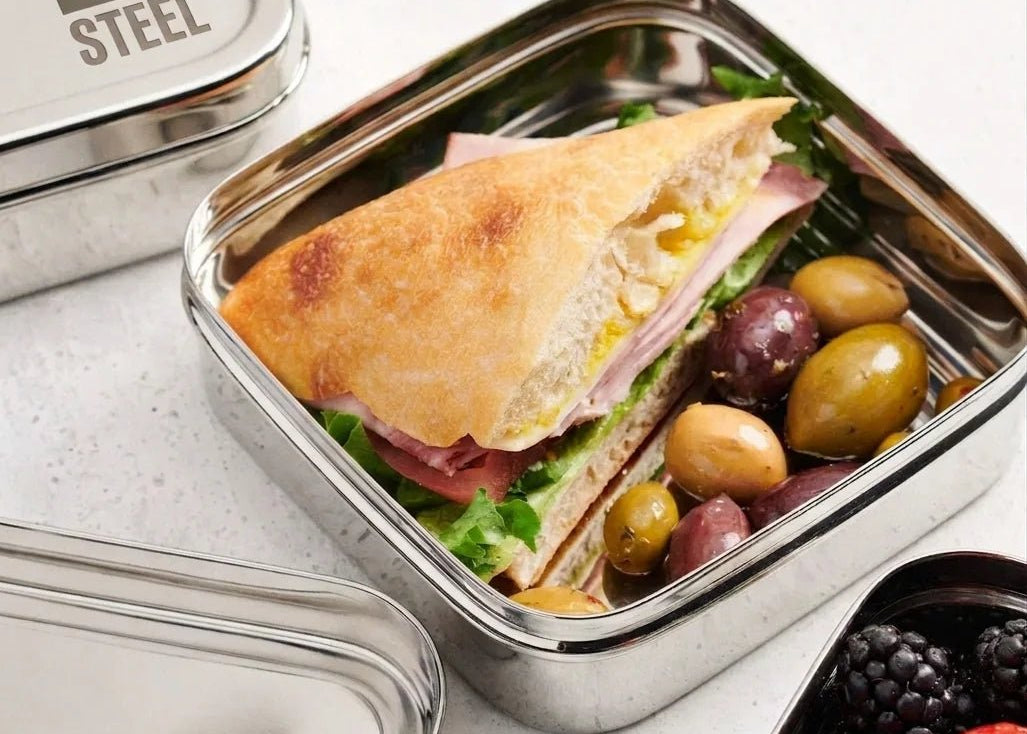 Square Sandwich Stainless Steel Box (Large) with Spork | Stainless Steel Lunchbox NZ | Meals in Steel