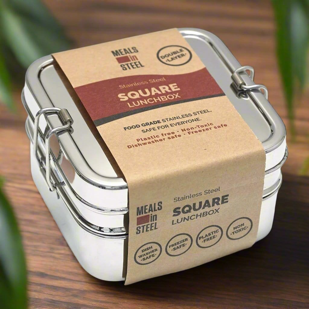 Twin Layer Square Shape Lunchbox | Stainless Steel - Meals In Steel