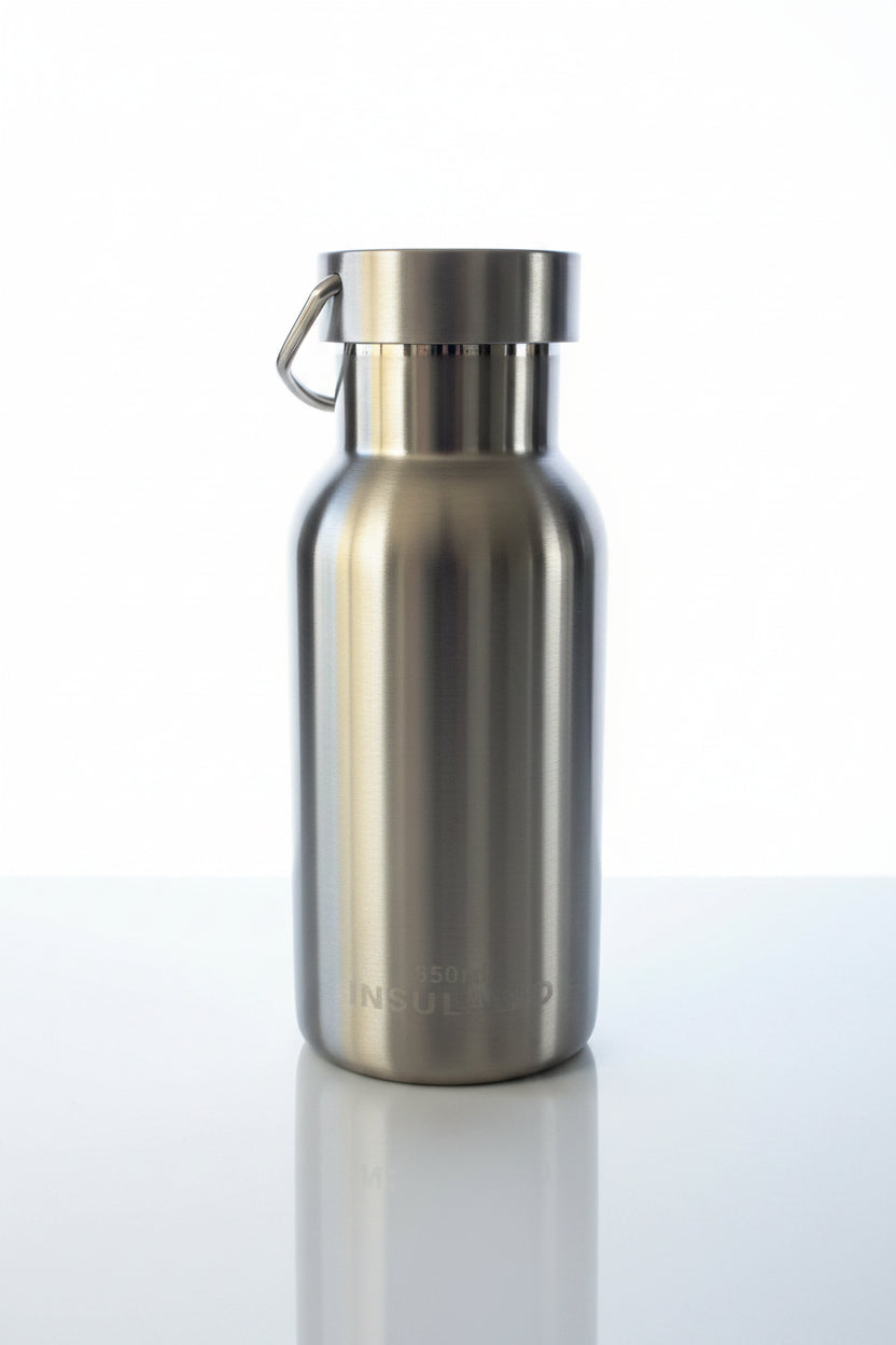 Close-up of the 7cm diameter 350ml insulated bottle showing capacity etching.


