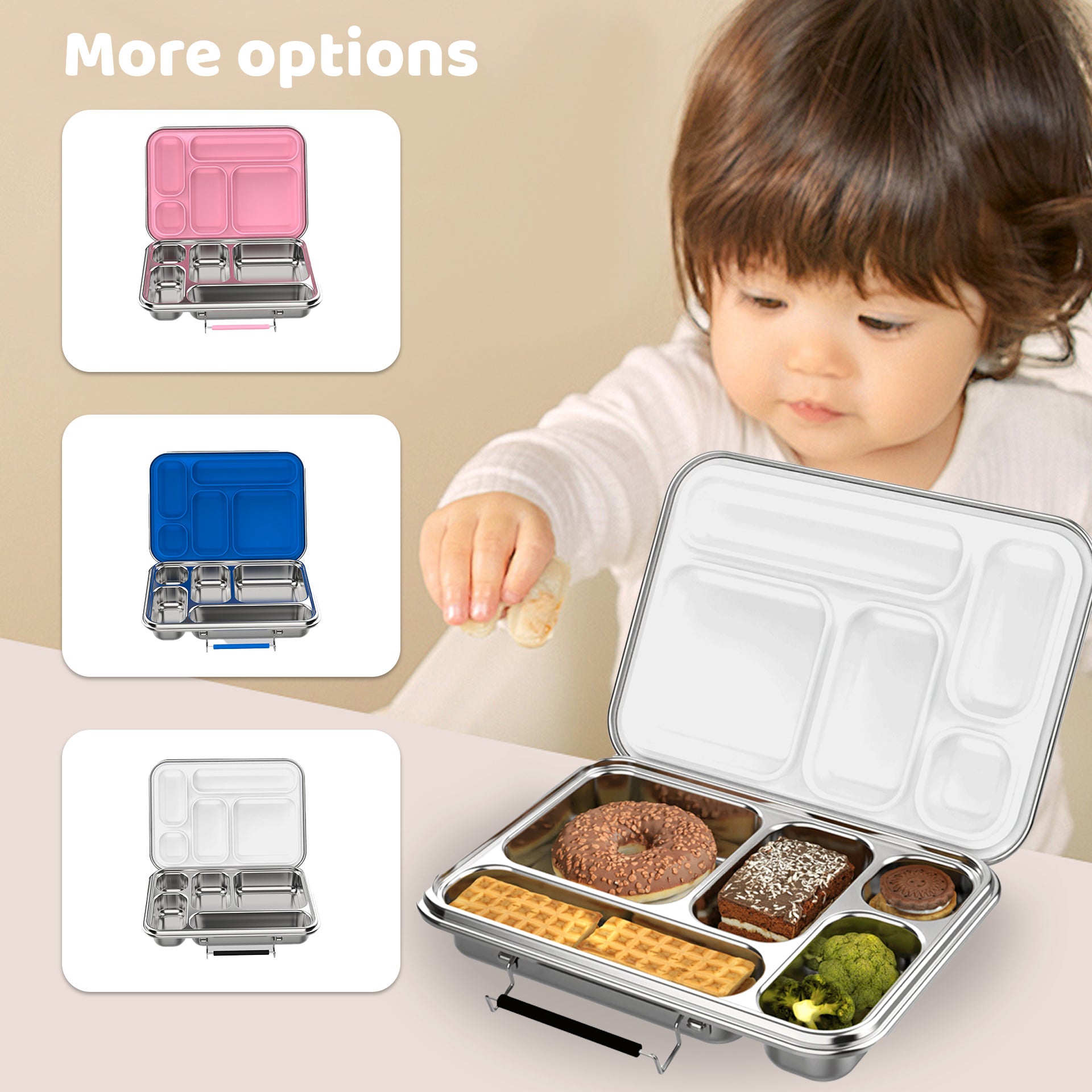 Child with a bento box containing food, with additional bento boxes shown on the left.