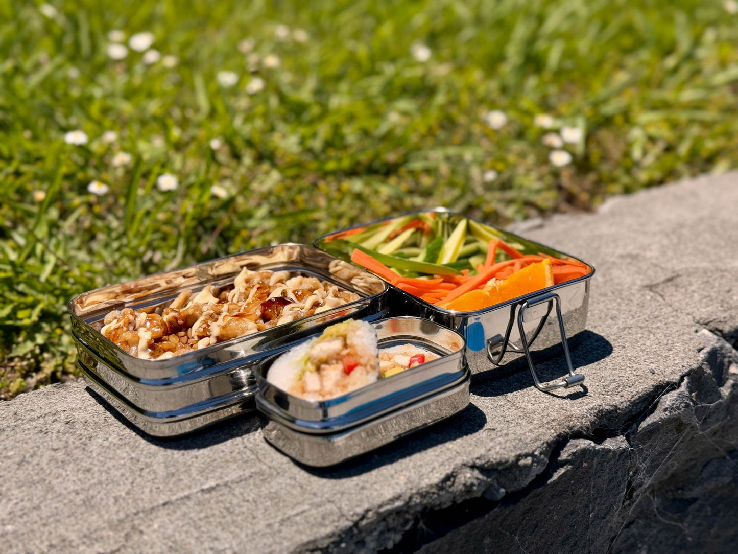 Bento Medium Rectangular Lunchbox (3 in 1) | Stainless Steel - 875ml - Meals In Steel