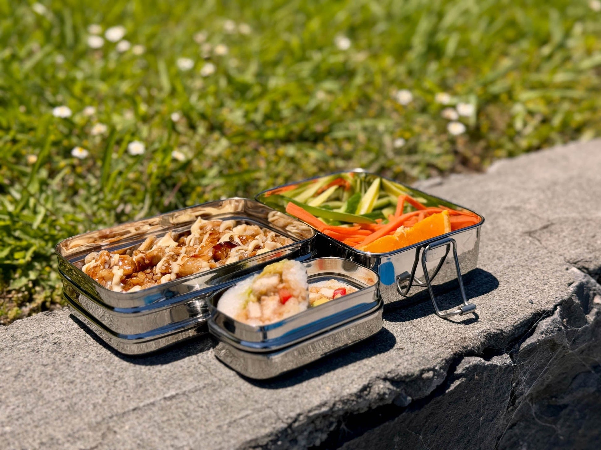 Bento Medium Rectangular Lunchbox (3 in 1) | Stainless Steel - 875ml - Meals In Steel