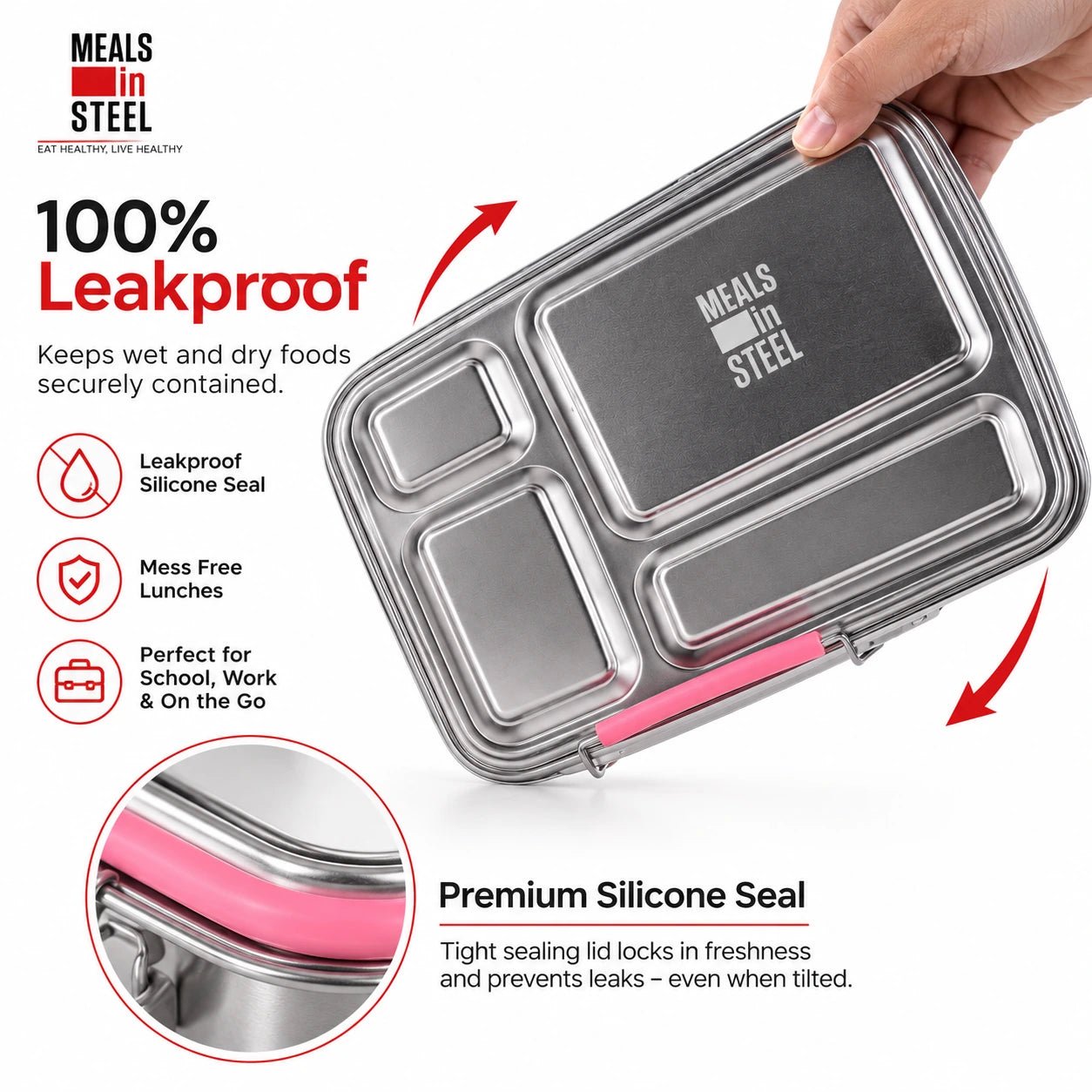 Jumbo Kids Stainless Steel Bento Box, 4 Compartment - 1020ml | Stainless Steel Lunchbox NZ | Meals in Steel