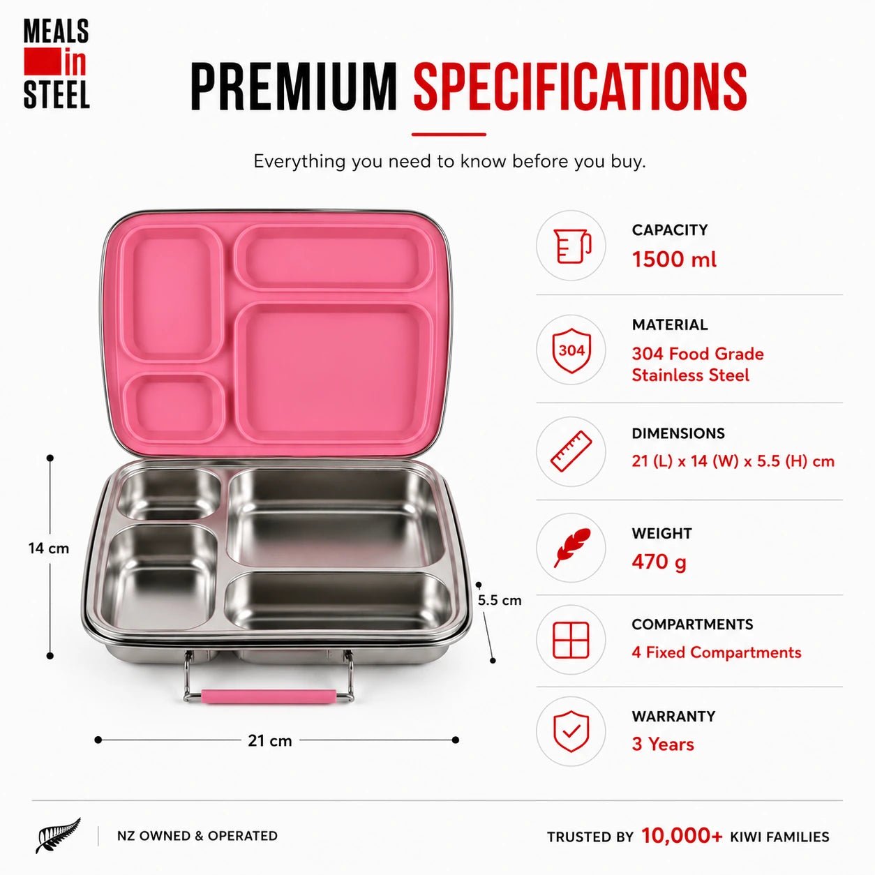 Jumbo Kids Stainless Steel Bento Box, 4 Compartment - 1020ml | Stainless Steel Lunchbox NZ | Meals in Steel