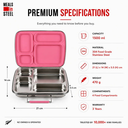 Jumbo Kids Stainless Steel Bento Box, 4 Compartment - 1020ml | Stainless Steel Lunchbox NZ | Meals in Steel