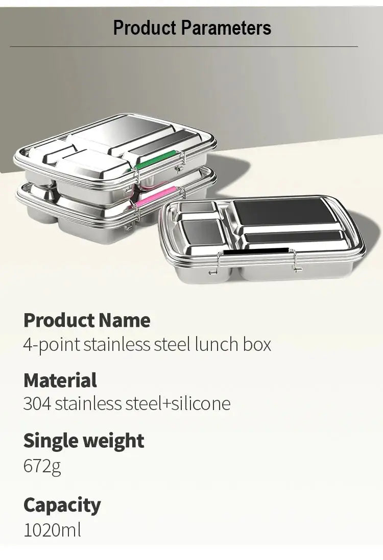 Jumbo Leakproof 4 Compartment Stainless Steel Lunch box – 1020ml - | Stainless Steel Lunchbox NZ | Meals in Steel
