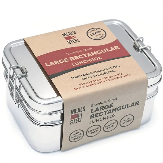 Large Double Layer Bento Lunchbox (3 - in - 1) | Stainless Steel | 1800ml | Stainless Steel Lunchbox NZ | Meals in Steel