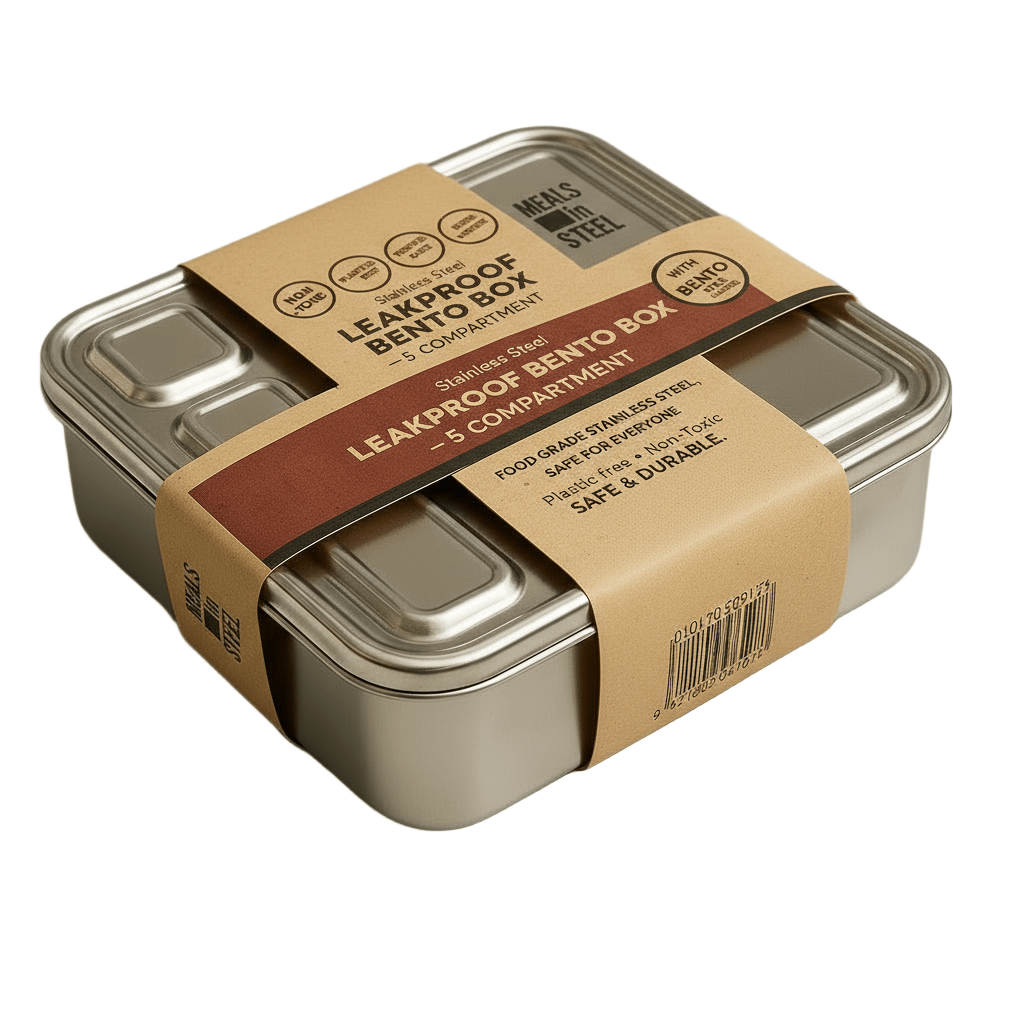 Leakproof 5 Compartment Bento Box | Stainless Steel | 935ml | Stainless Steel Lunchbox NZ | Meals in Steel