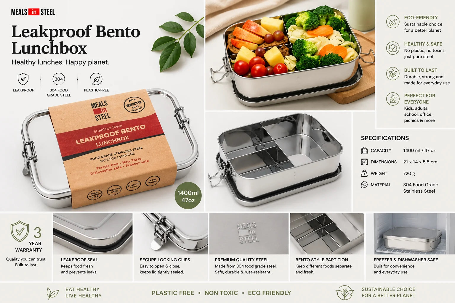 Meals in Steel 1500ml leakproof stainless steel bento lunchbox with removable divider, 304 food grade stainless steel and dishwasher-safe design.