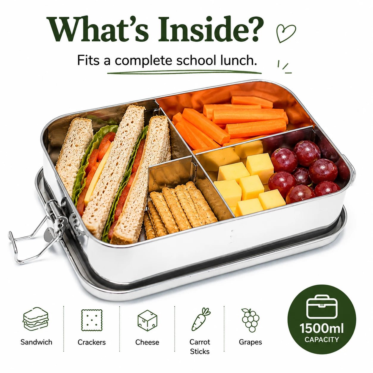Leakproof Bento Lunchbox | Stainless Steel | 1500ml | Stainless Steel Lunchbox NZ | Meals in Steel