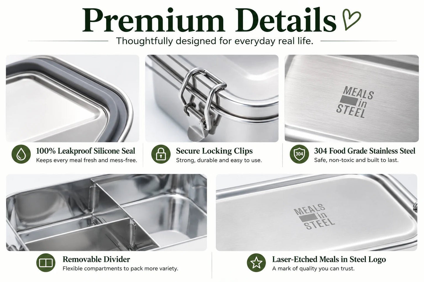 Leakproof Bento Lunchbox | Stainless Steel | 1500ml | Stainless Steel Lunchbox NZ | Meals in Steel