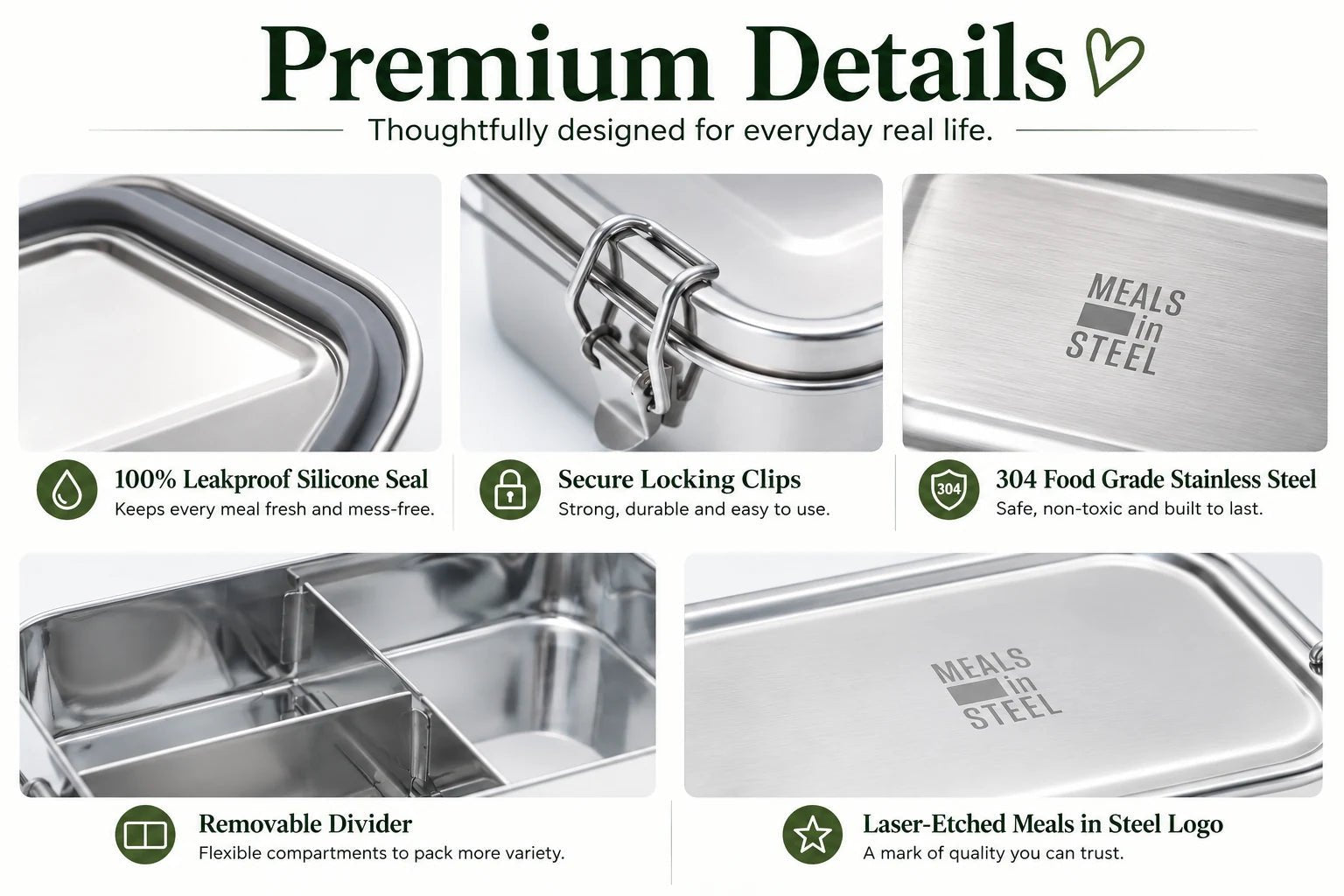 Leakproof Bento Lunchbox | Stainless Steel | 1500ml | Stainless Steel Lunchbox NZ | Meals in Steel