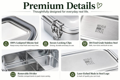 Leakproof Bento Lunchbox | Stainless Steel | 1500ml | Stainless Steel Lunchbox NZ | Meals in Steel