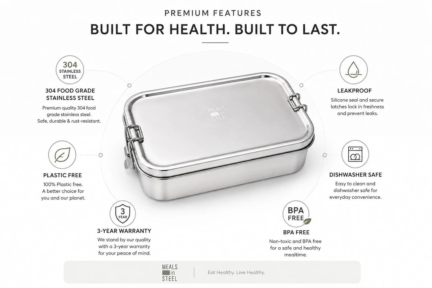 Leakproof Bento Lunchbox | Stainless Steel | 1500ml | Stainless Steel Lunchbox NZ | Meals in Steel