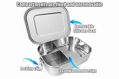 Leakproof Stainless Steel Bento Lunchbox – 1500ml (Fixed Partitions) | Stainless Steel Lunchbox NZ | Meals in Steel