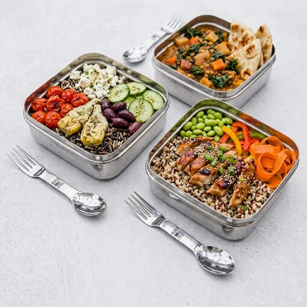 Square Sandwich Stainless Steel  Box (Large) with Spork