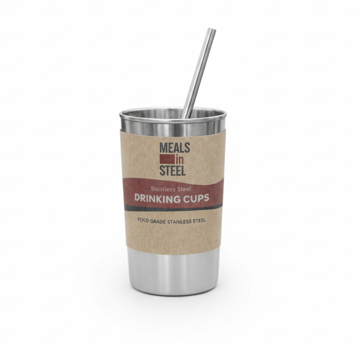 Stainless Steel Drinking Cups 300ml with Straws | Single or Set of 4 | Stainless Steel Lunchbox NZ | Meals in Steel