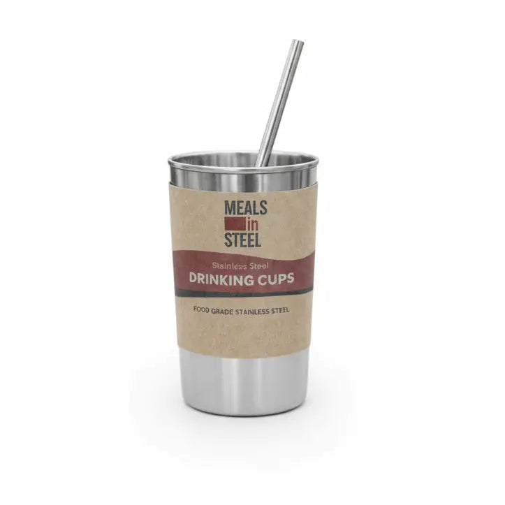 Stainless Steel Drinking Cups 300ml with Straws | Single or Set of 4 | Stainless Steel Lunchbox NZ | Meals in Steel
