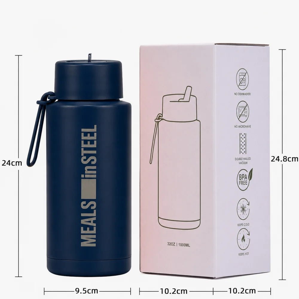 Stainless Steel Insulated Water Sipper Bottle with Straw | 1000ml (34oz) | Stainless Steel Lunchbox NZ | Meals in Steel