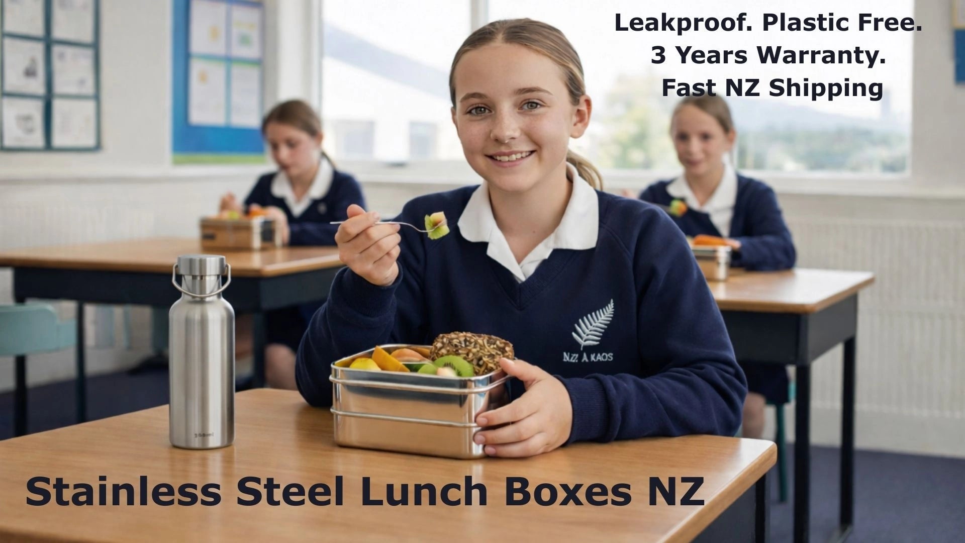 NZ school kids using Meals in Steel stainless steel lunchboxes and bottles.