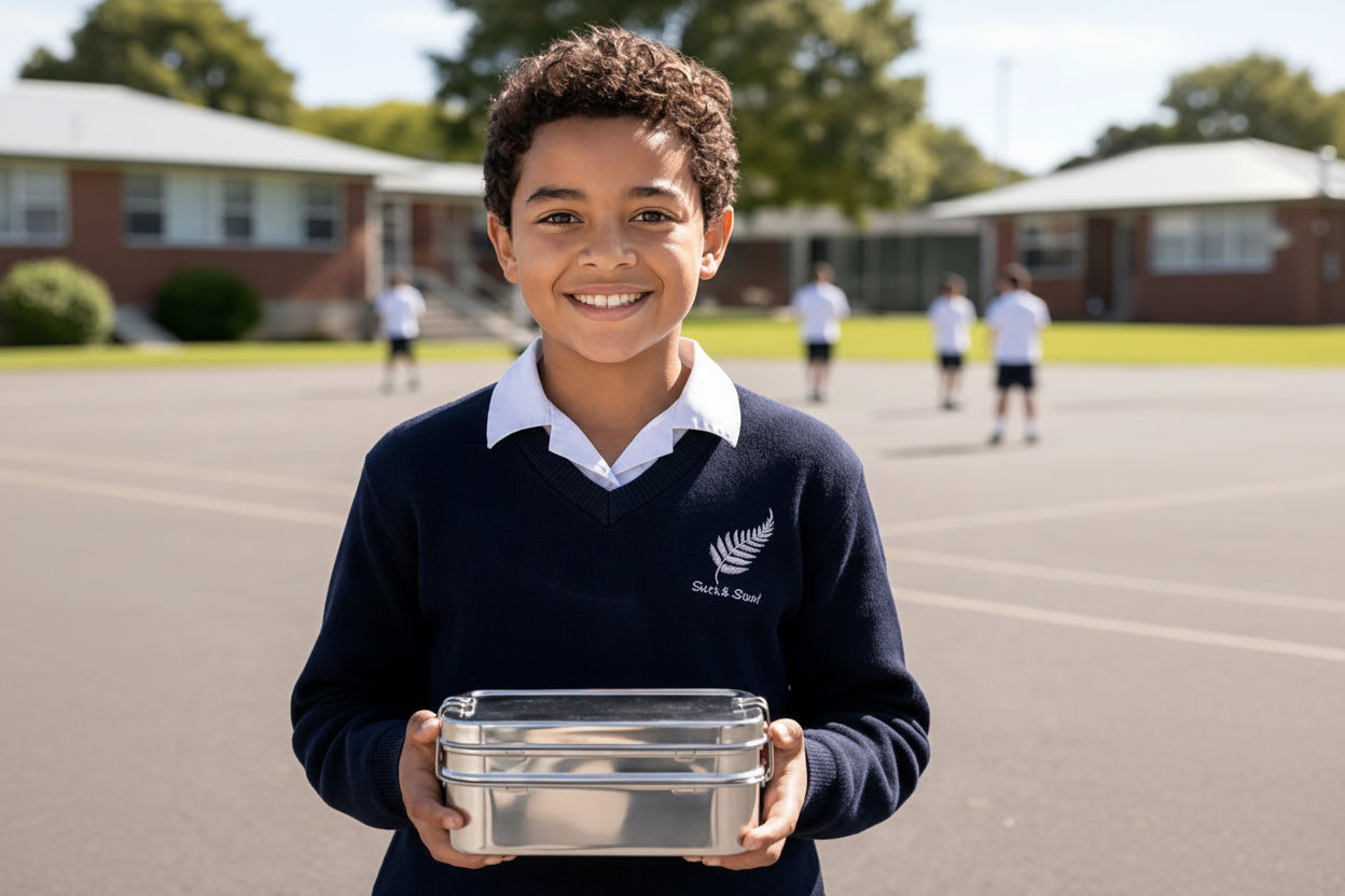 Child holding stainless steel lunchbox at New Zealand school