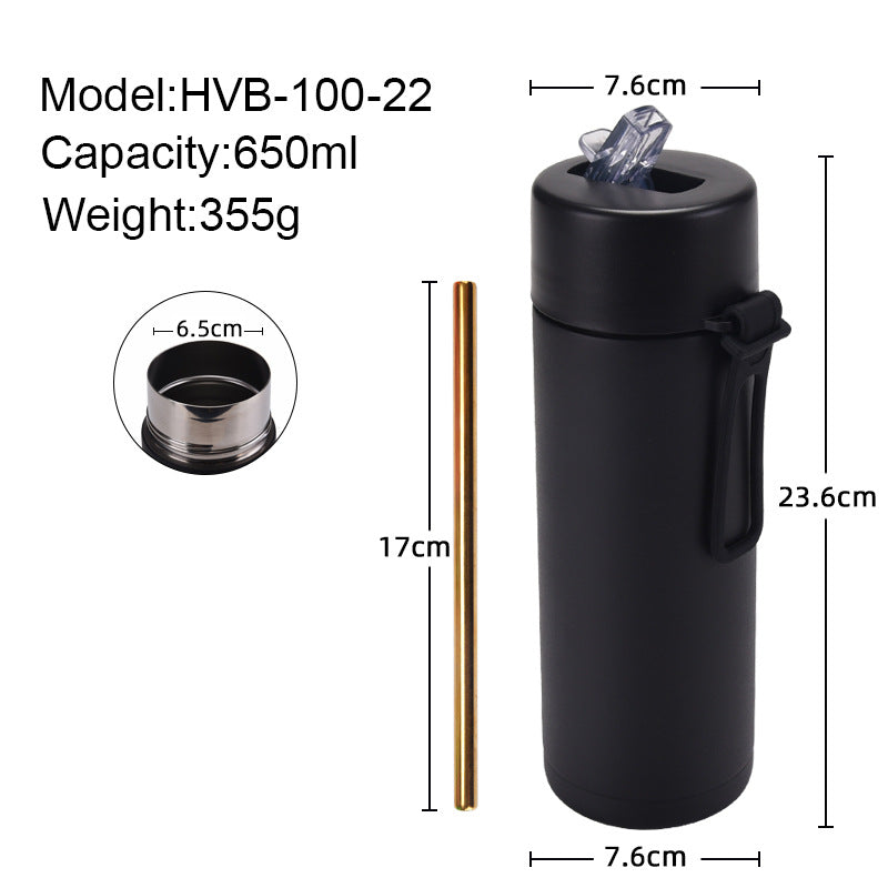 Black water bottle with measurements and specifications on a white background

