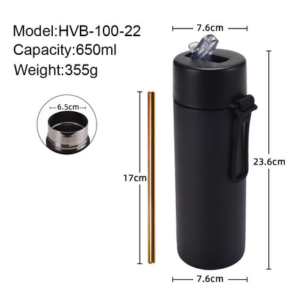 Black water bottle with measurements and specifications on a white background

