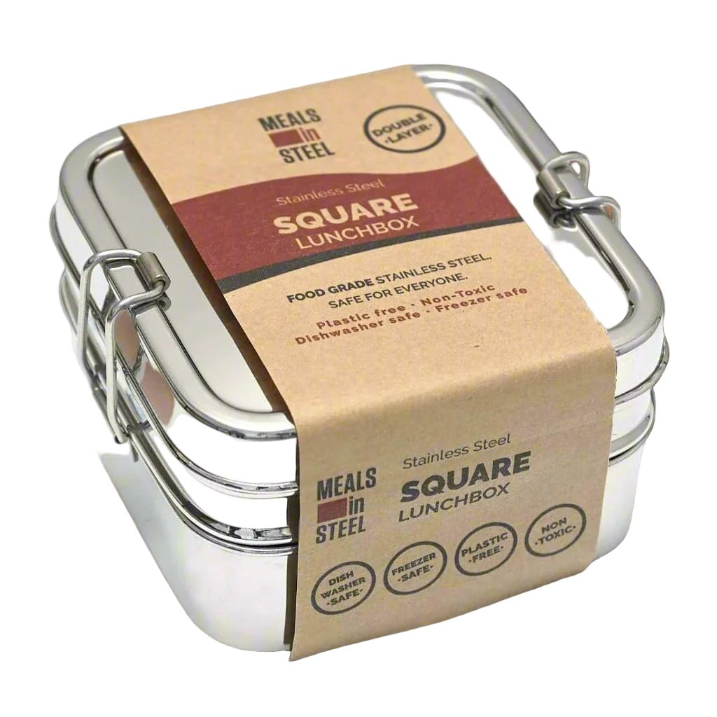 Twin Layer Square Lunchbox | Stainless Steel | 1200ml - Meals In Steel