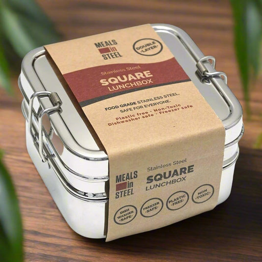 Twin Layer Square Shape Lunchbox | Stainless Steel - Meals In Steel 