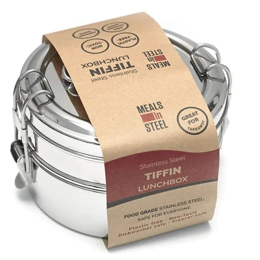 Twin Layer Tiffin Round Bento Lunch Box | Stainless Steel | 1500ml | Stainless Steel Lunchbox NZ | Meals in Steel